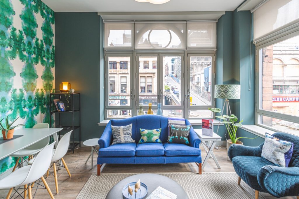 Living room renovation Scotland modern bay window seating
