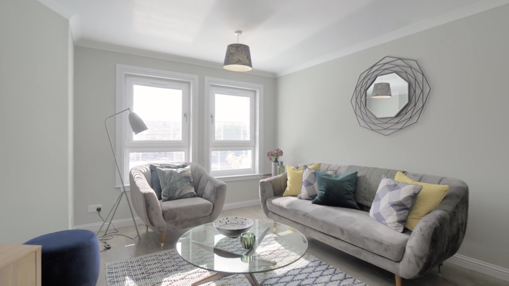 Living room renovation Scotland modern grey layout and decor