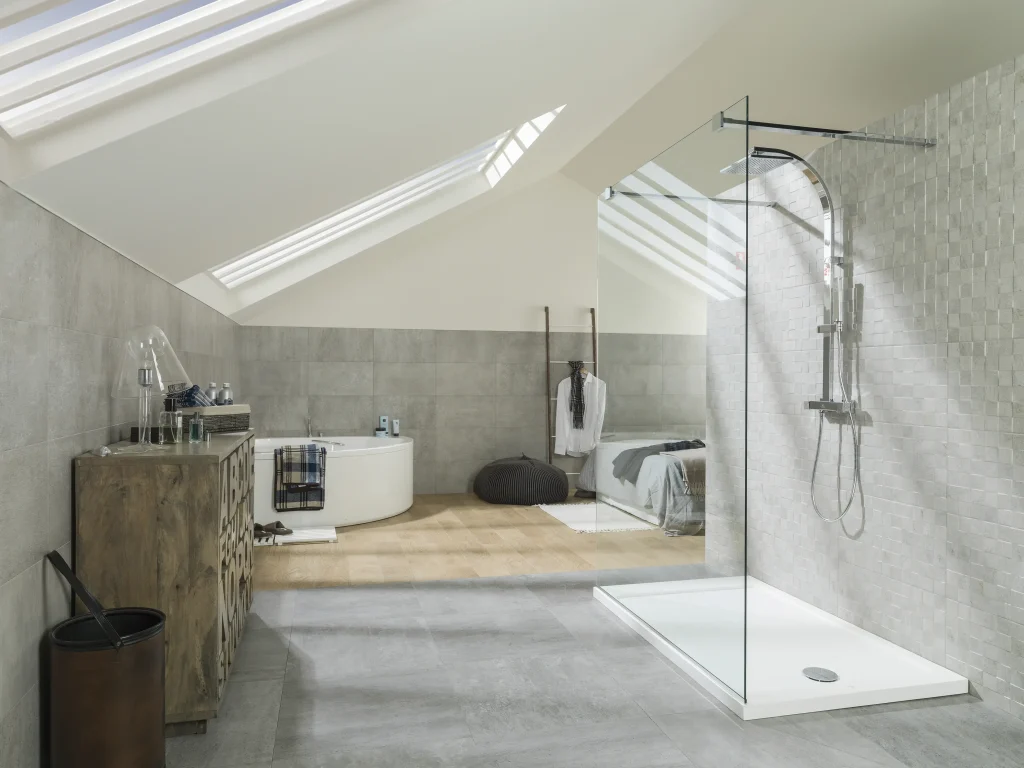Bathroom extension Scotland walk in shower and tiled interior